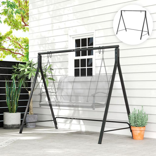 Black metal porch swing stand with hanging chains and bench swing seat