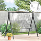 Black metal swing stand with hanging chains and clear bench seat