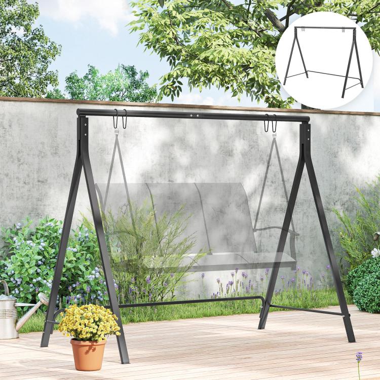 Black metal swing stand with hanging chains and clear bench seat