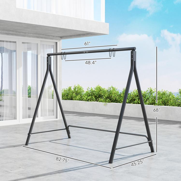 Black metal swing frame stand with four legs and hanging hook bar