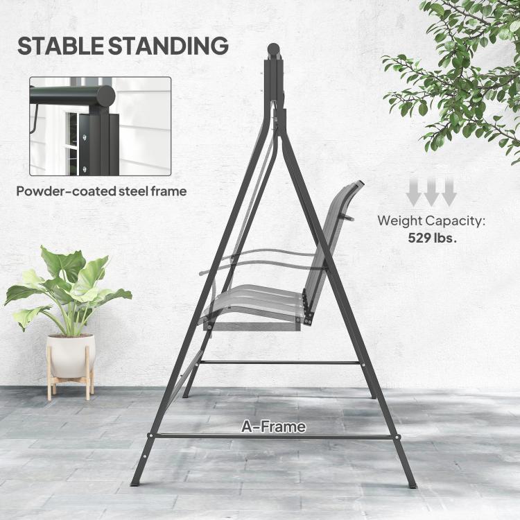 Powder-coated black A-frame swing stand with top hooks and hanging chains