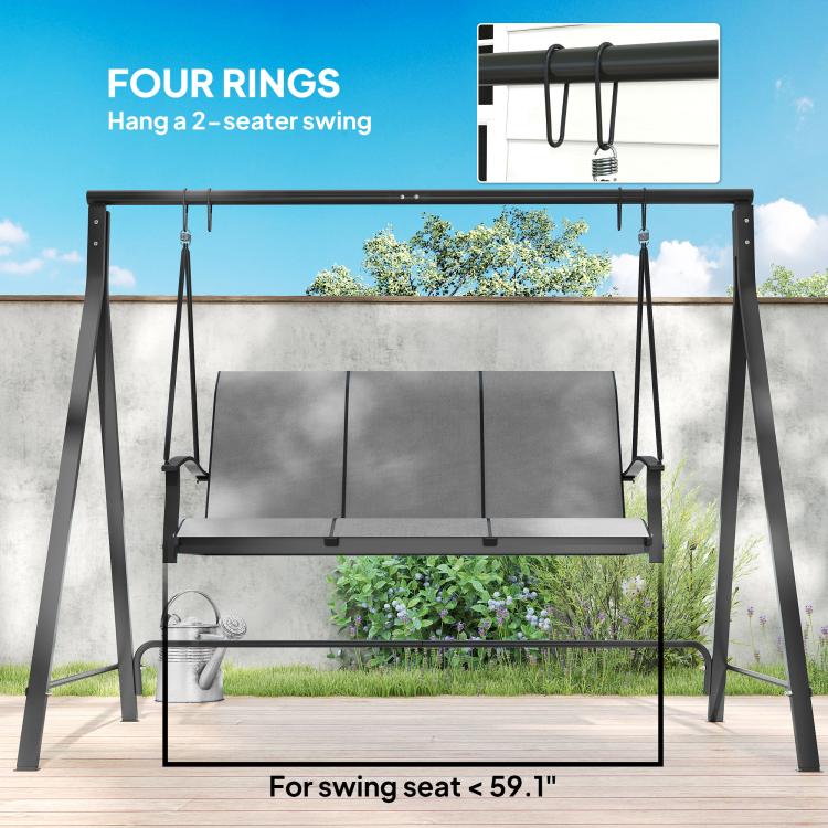 Black metal porch swing frame with four hanging points for a 2-seat swing