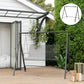 Black metal swing stand with top bar and hanging chains on a patio