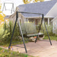 Black metal porch swing stand with hanging chains and bench seat