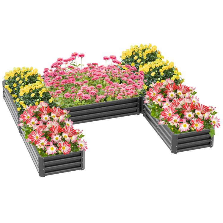Gray steel raised garden bed set with four connected boxes, planted with colorful flowers