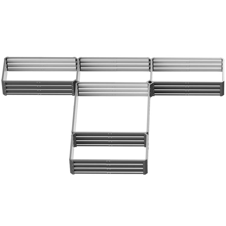 Gray steel raised garden bed set frame with multiple connected planters, empty interior