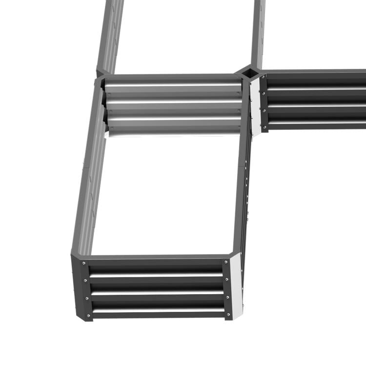 Gray steel raised garden bed frame with slatted sides and corner legs