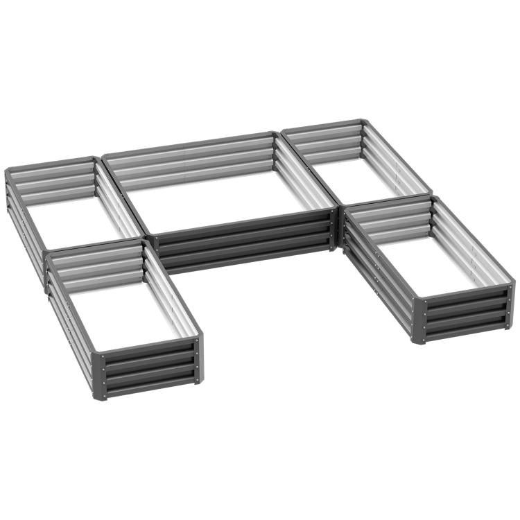 Gray steel raised garden bed set of five sections with open center and slatted walls