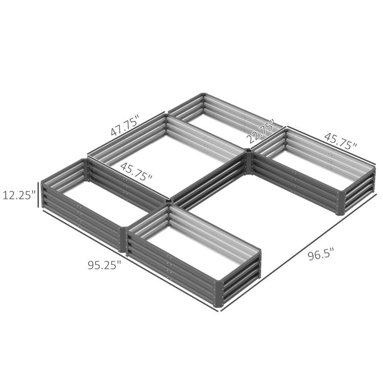 Gray steel raised garden bed set, top view with labeled dimensions and connected sections