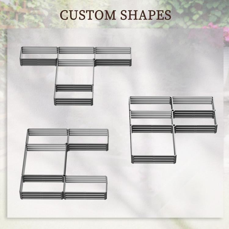 Gray steel raised garden bed set showing multiple customizable configurations