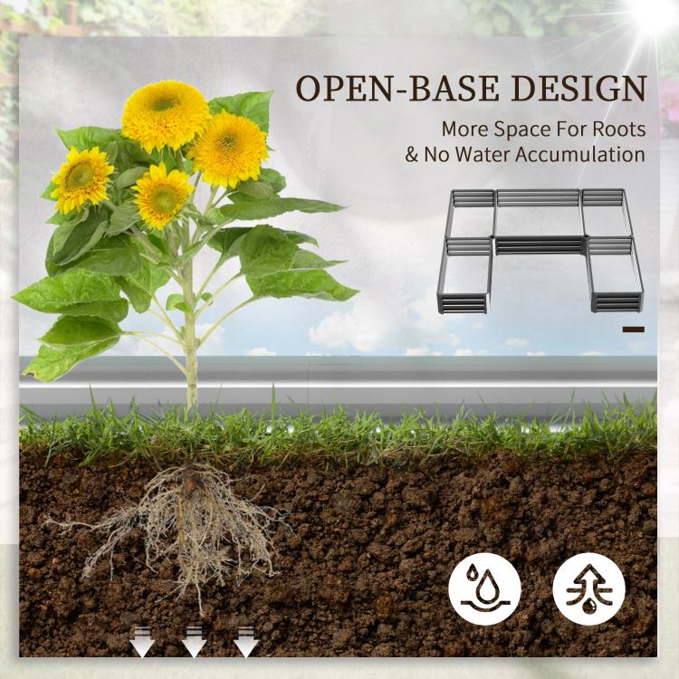 Gray steel raised garden bed with open-base design shown in soil cross-section