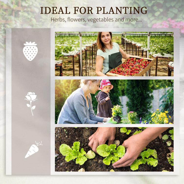 Gray steel raised garden bed for planting, shown with gardening scenes and plant icons