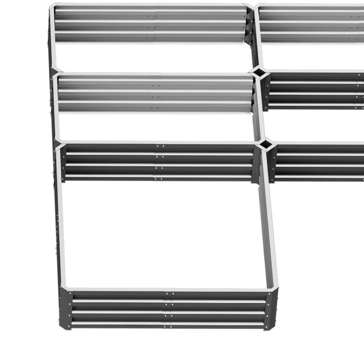 Gray steel raised garden bed set with stacked side panels and open top compartments