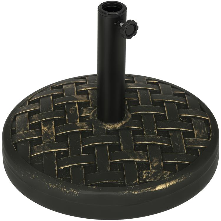 Outdoor umbrella base with black faux-stone texture and woven-pattern base plate