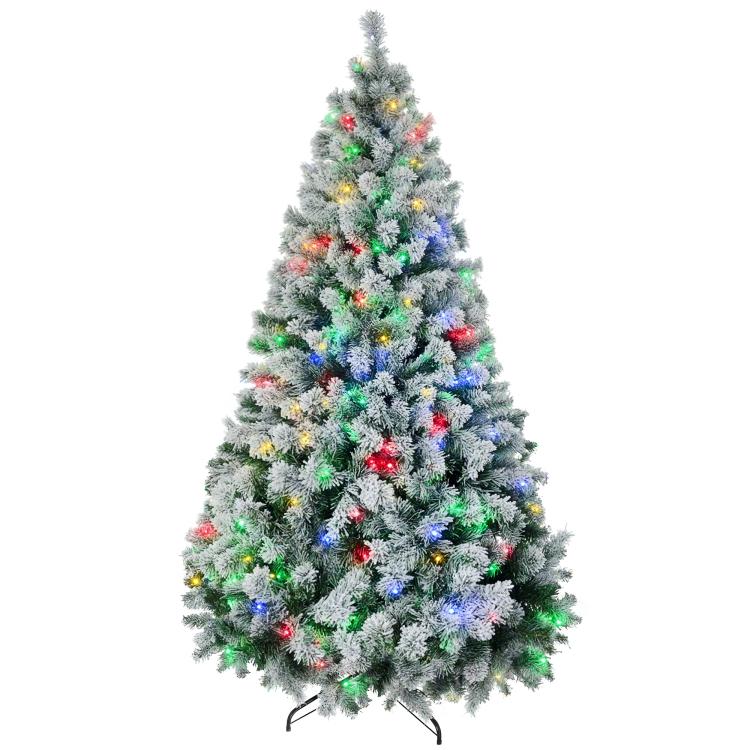 7.5 ft artificial Christmas tree with frosted branches and multicolor LED lights