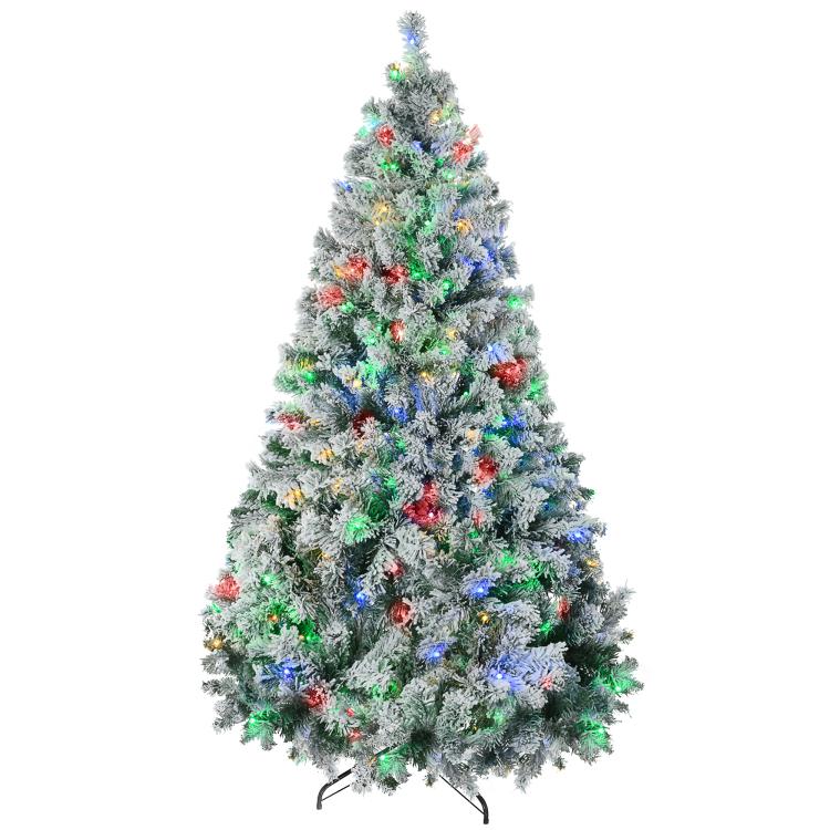 Frosted 7.5 ft artificial Christmas tree with multicolor LED lights and metal stand