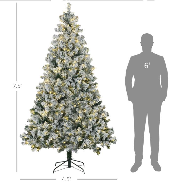 7.5 ft artificial Christmas tree with frosted branches on metal stand