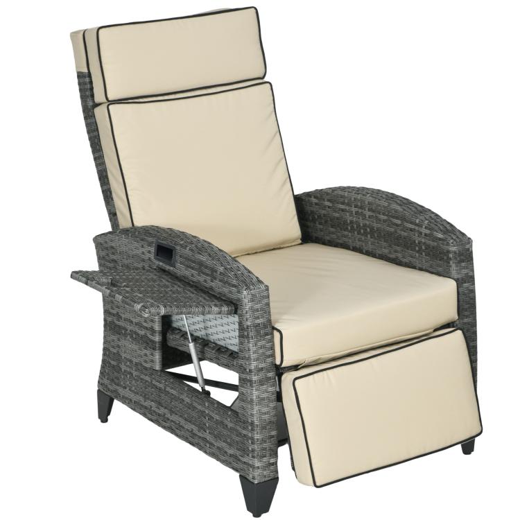 Outdoor reclining lounge chair with beige seat and back cushions, gray woven frame