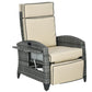 Outdoor recliner lounge chair with khaki cushions, gray woven frame, tray table