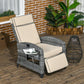 Outdoor reclining lounge chair with beige cushions and gray PE rattan-style weave