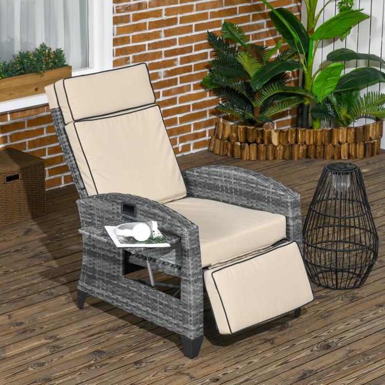 Outdoor reclining lounge chair with beige cushions and gray PE rattan-style weave