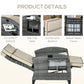 Outdoor reclining lounge chair details: side tray table, robust metal frame, comfort cushions