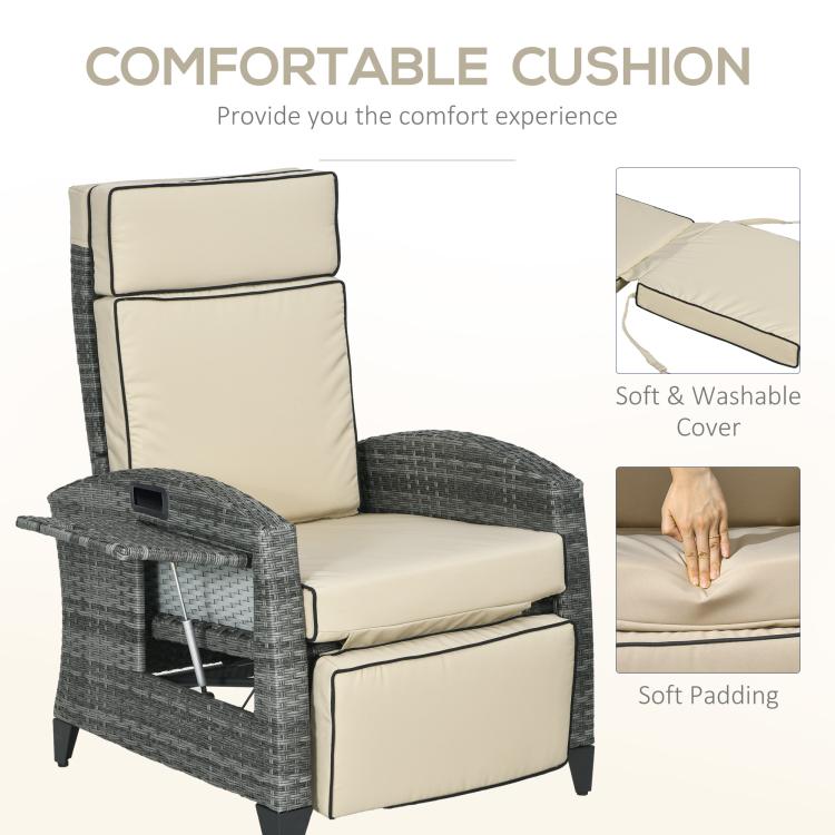 Reclining lounge chair with beige cushioned seat and soft, washable cover panels