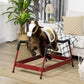 Kids rocking horse with dark brown plush horse, white face and saddle, black handles, red base