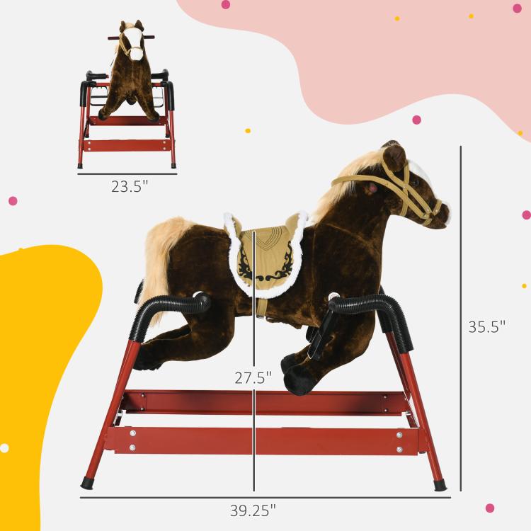 Kids rocking horse size diagram, dark brown plush horse, red rocking base, black handles