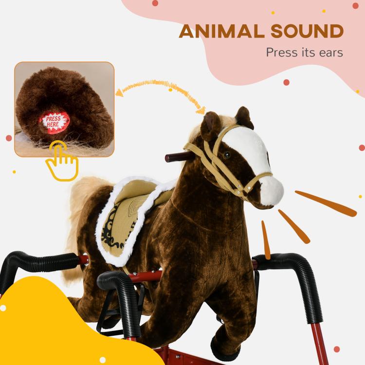 Dark brown plush rocking horse with white face, press-ear sound feature, black handlebars, red base