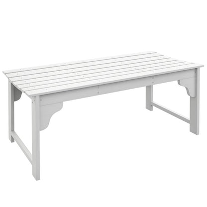 White slatted wooden garden bench with curved apron ends and flat tabletop
