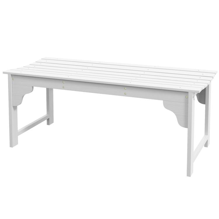 White slatted wooden garden bench with curved apron cutouts and wide armrests