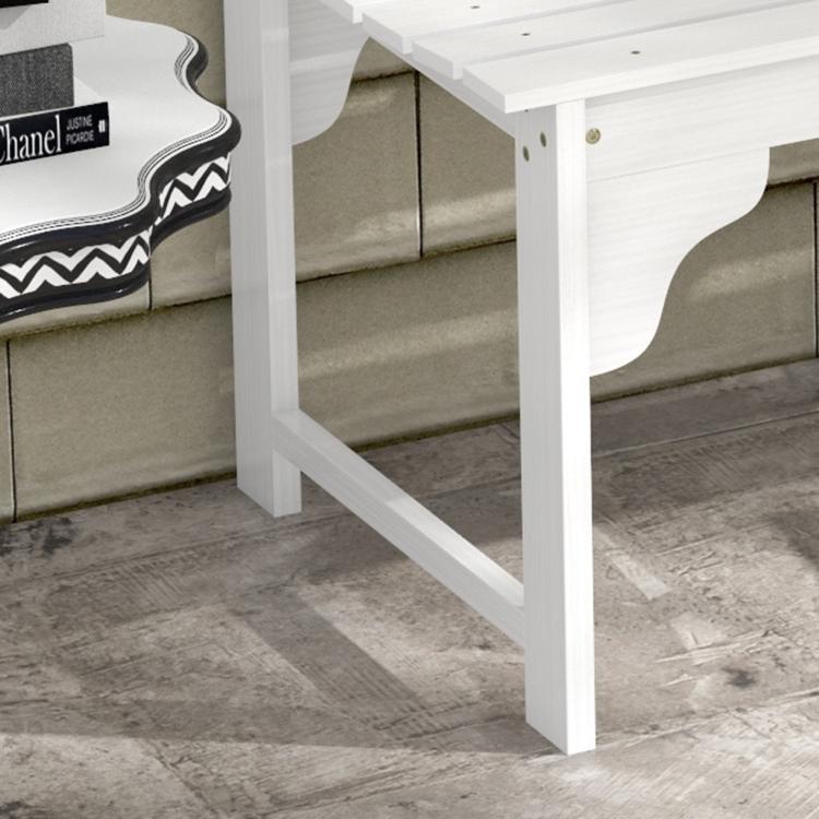 White wooden garden bench with slatted top and curved front, side view