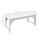 White slatted wooden garden bench with curved apron ends, side view with dimensions