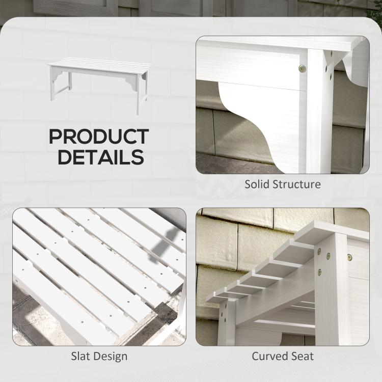 White wooden bench product detail showing slat design and curved seat front