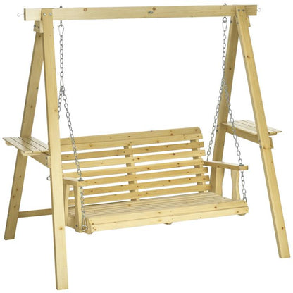 Light wood 2-seat patio swing bench with slatted seat/back and metal chain hangers