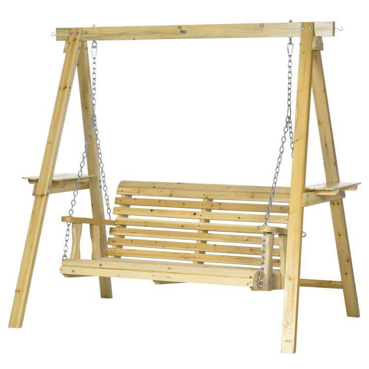 Light wood 2-seat patio swing bench with slatted seat/back and hanging metal chains