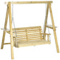 Two-seat wooden patio swing bench with metal chains and side tables
