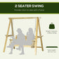 2-seater wooden swing chair with hanging chains and side shelves, capacity infographic