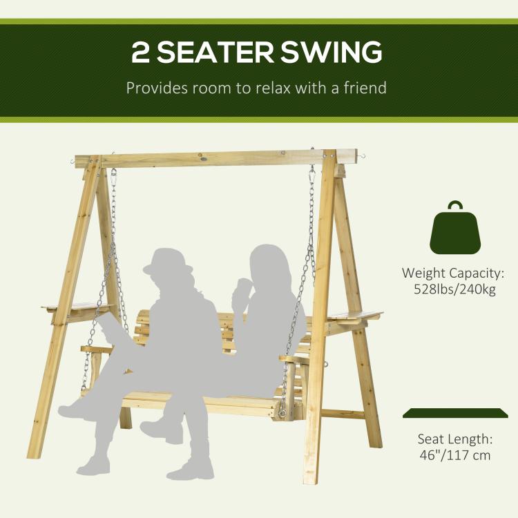 2-seater wooden swing chair with hanging chains and side shelves, capacity infographic