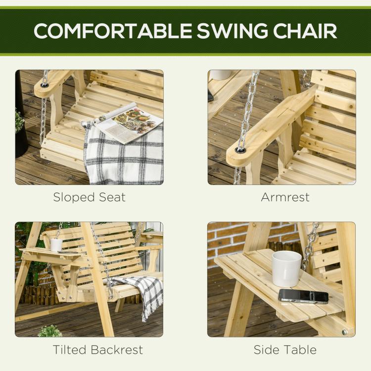Comfort swing chair features: sloped seat, armrests, tilted backrest, side table