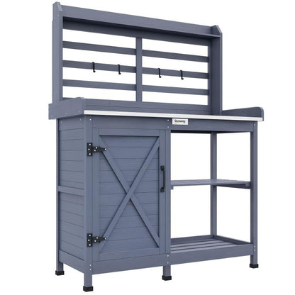 Gray potting bench with slatted tool rail, open shelf, and cabinet doors