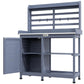 Gray potting bench with open storage cabinet and slatted back tool hooks