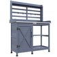 Gray potting bench with open shelving, storage cabinet, and aluminum tabletop