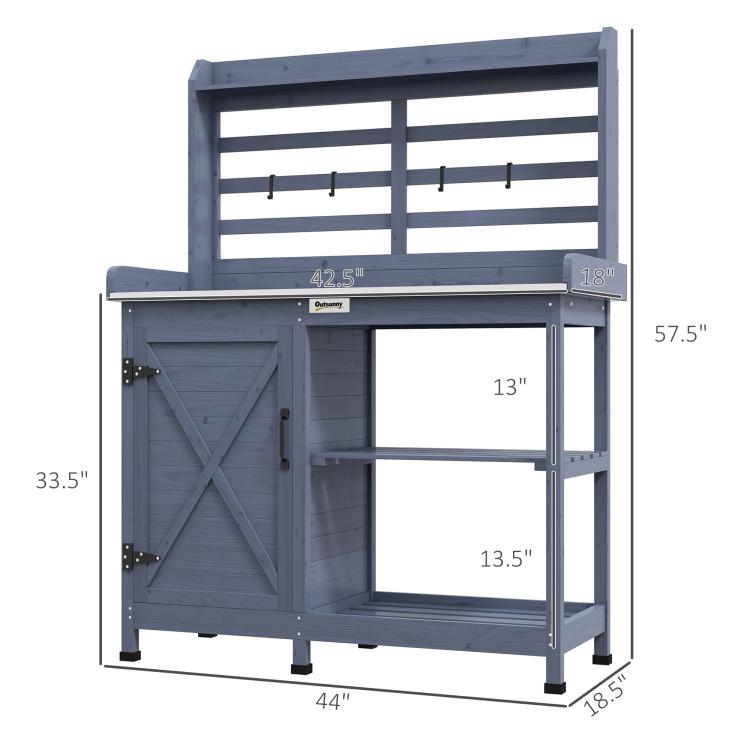 Gray potting bench size view with slatted back tool hooks and storage cabinet