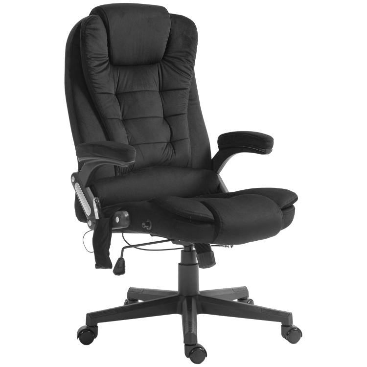 Black high-back office chair with footrest and padded seat, side view