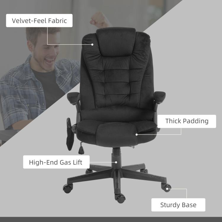 Black high-back executive office chair with thick padding, armrests, and caster base