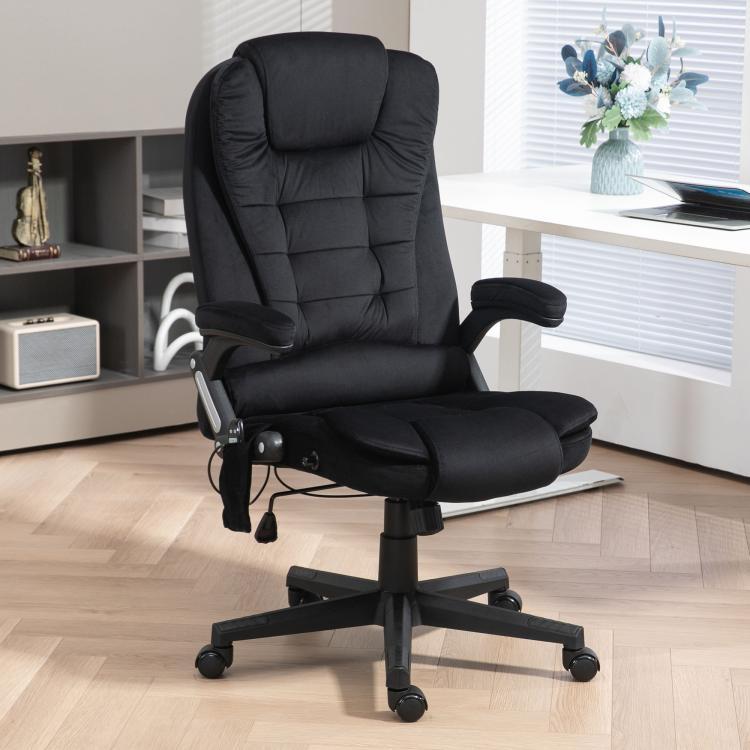 Black high-back office chair with wide seat and armrests, on rolling base