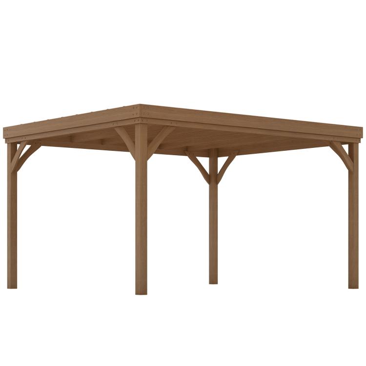 Brown wooden pergola with corner posts and open slatted roof beams