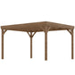 Brown wooden pergola with angled corner support posts and slatted top frame